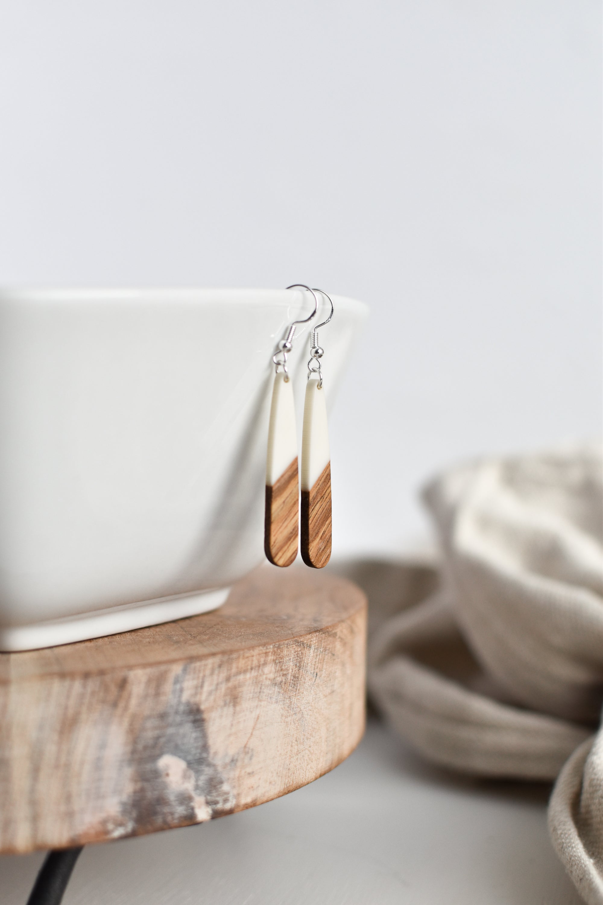 White Resin + Wood Dangle Earrings