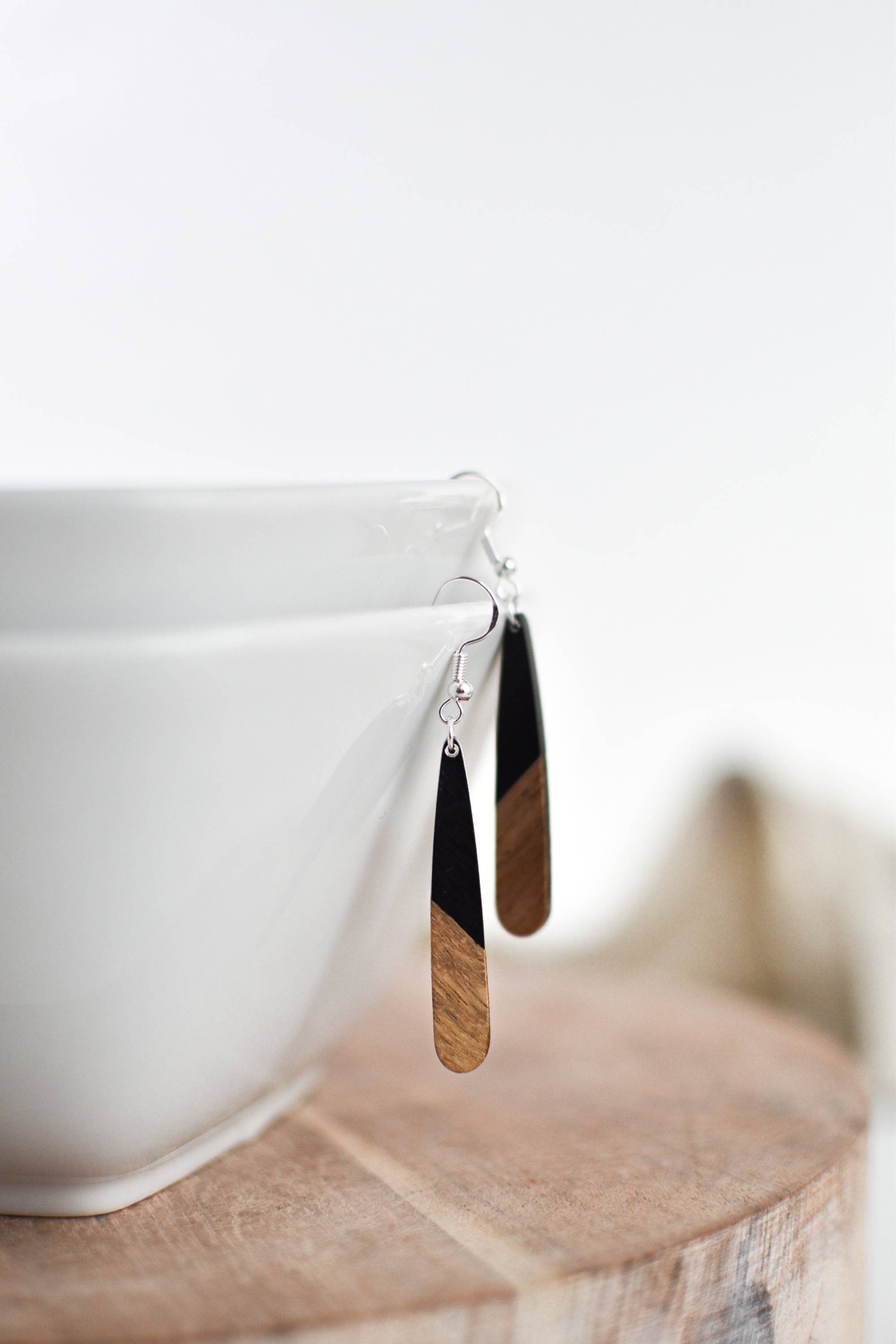 Matte Black Resin + Wood Dangle Earrings