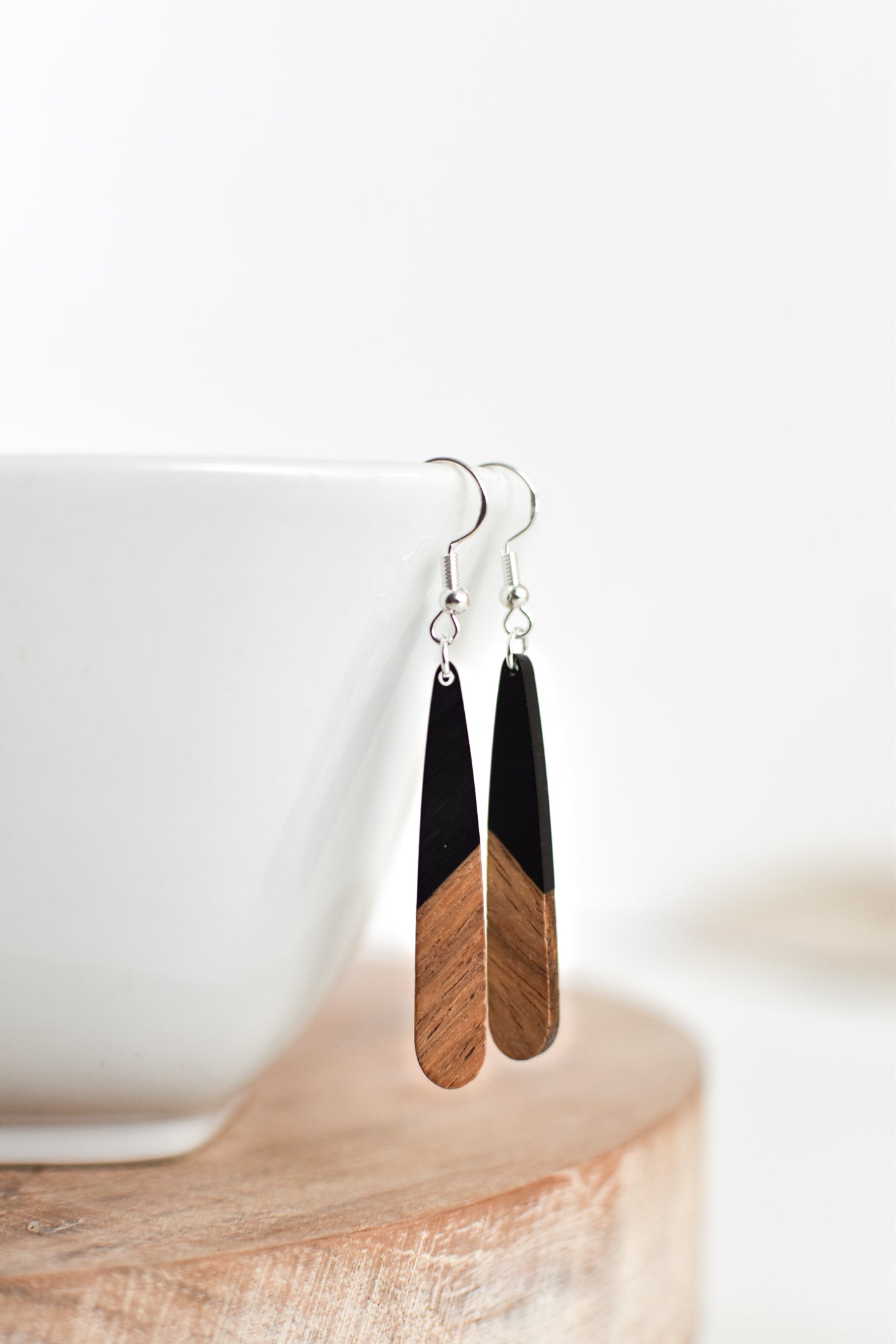 Matte Black Resin + Wood Dangle Earrings